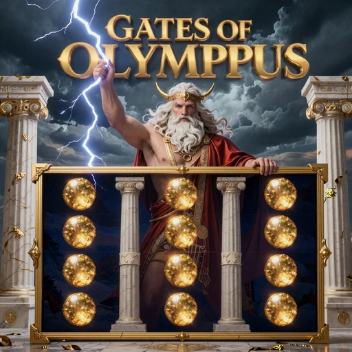 Gates of Olympus Slot mit Zeus und Blitzen &uuml;ber griechischem Tempel