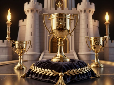 Royal League Troph&auml;e mit Lorbeerkranz und K&ouml;nigskrone im Schloss